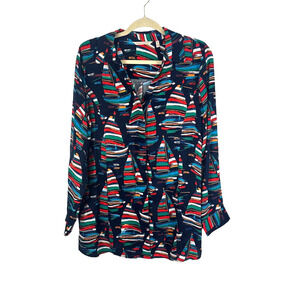 Soft Surroundings Button Front Tunic Multicolor‎ Sailboat V Neck Womens Medium